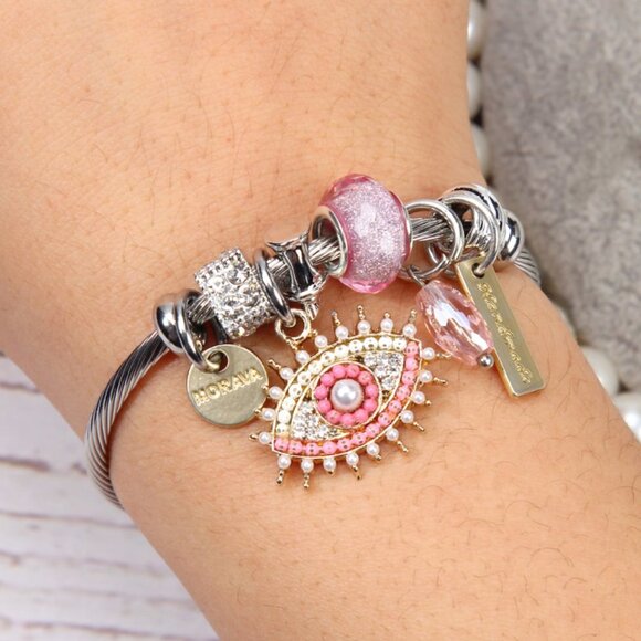 Women Exquisite Rhinestone Evil Eye Pendant Charm Bracelet - Picture 2 of 2